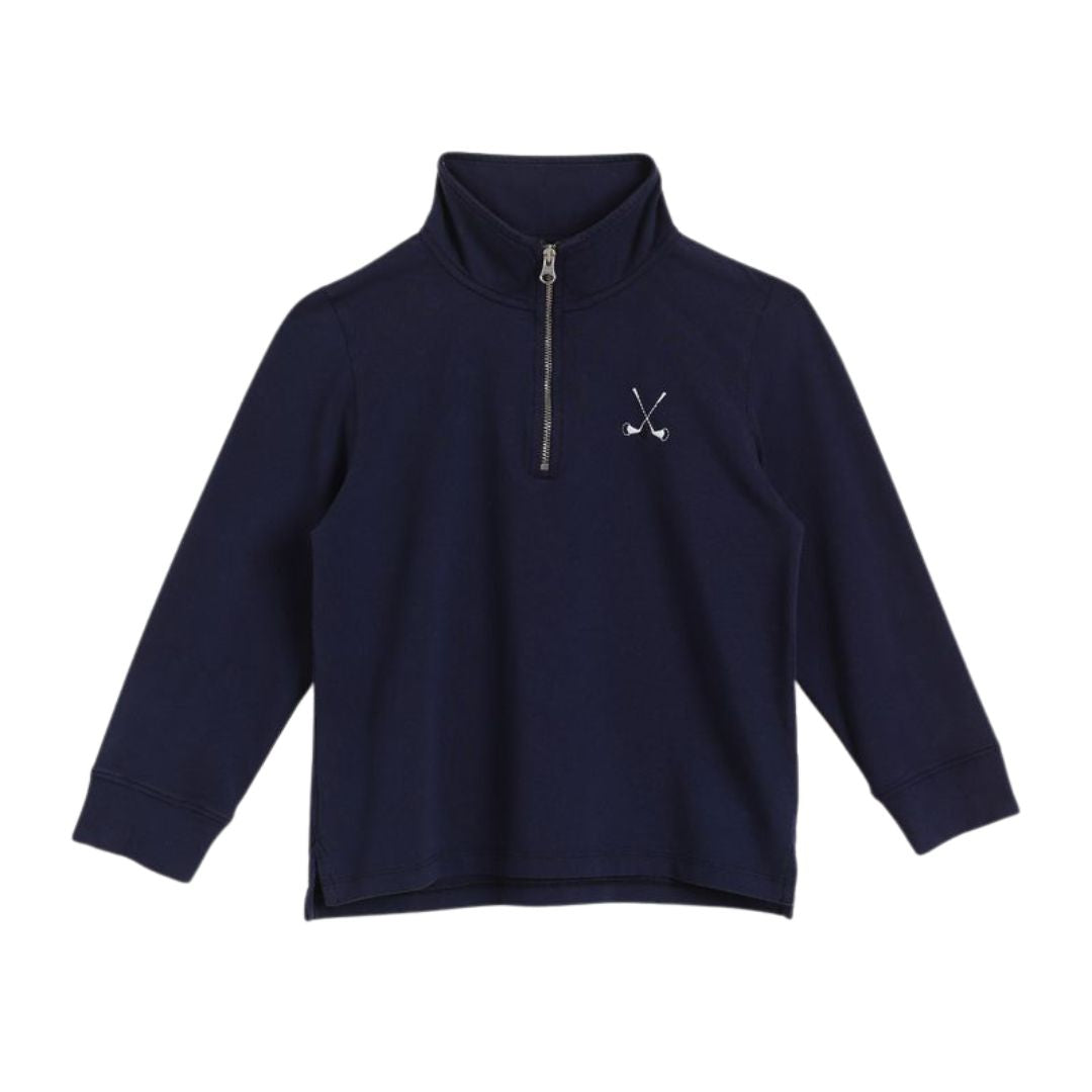 Navy blue pullover with a small logo on a white background