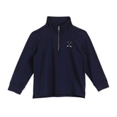 Navy blue pullover with a small logo on a white background