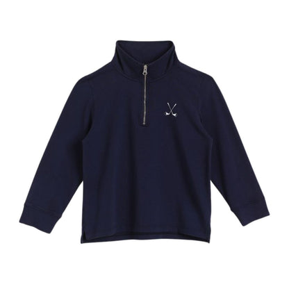 Navy blue pullover with a small logo on a white background