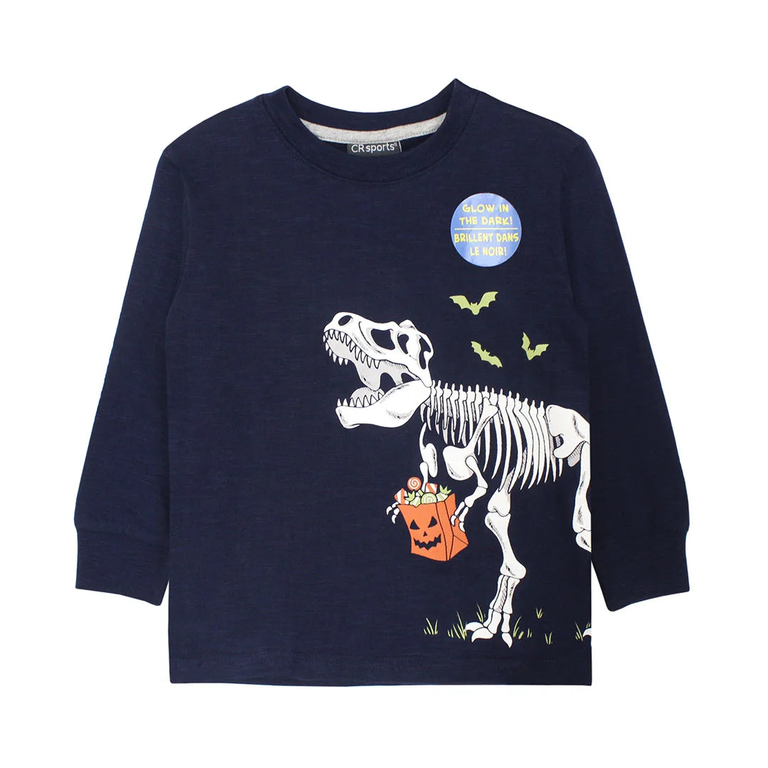 navy long sleeve with Halloween t-rex