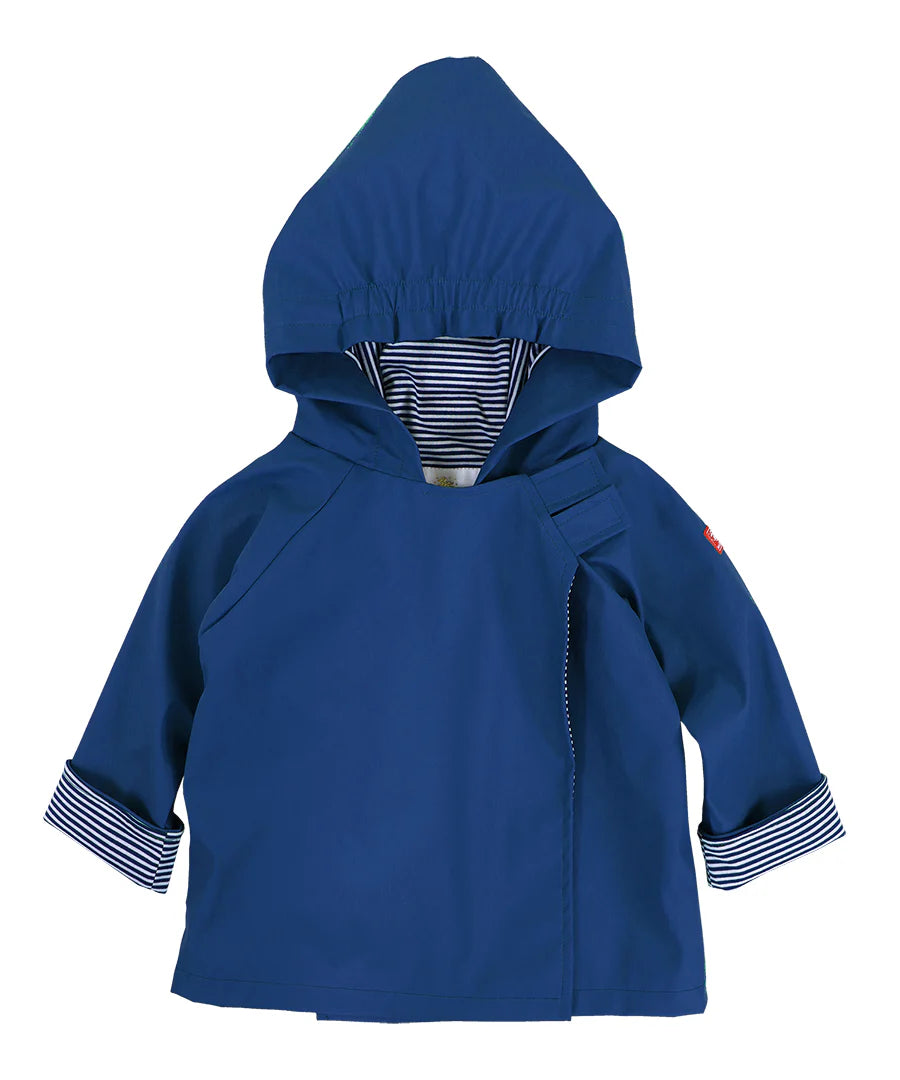 Blue hooded jacket with striped cuffs on a white background