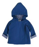 Blue hooded jacket with striped cuffs on a white background