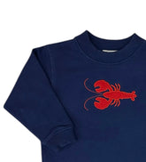 Navy blue sweater with a red lobster design on a white background