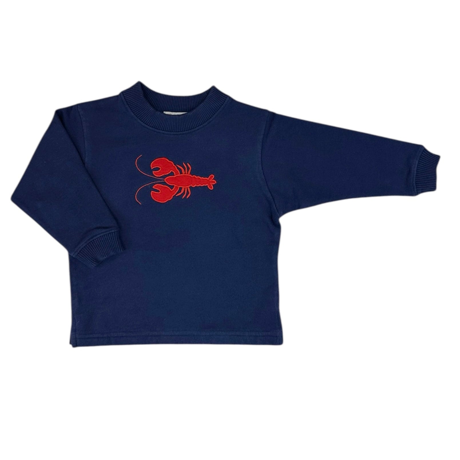 Navy blue sweatshirt with red lobster design on a white background