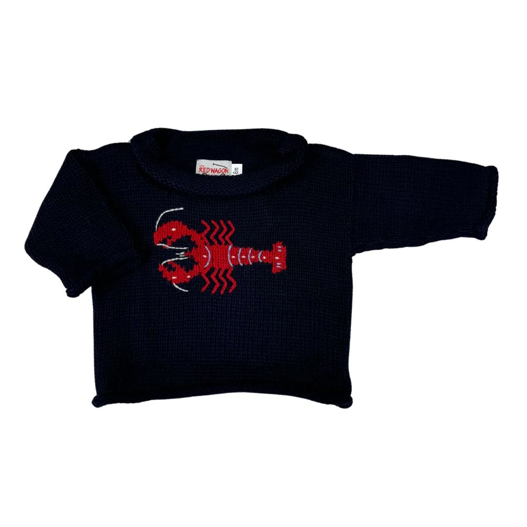 navy roll neck sweater with red horizontal lobster on the front center