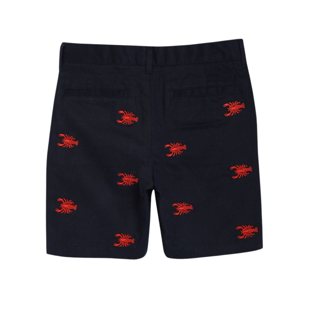 navy shorts with red lobster patterns on a white background