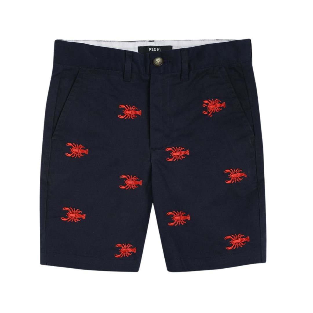 navy shorts with red lobster patterns on a white background