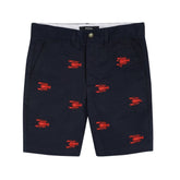 navy shorts with red lobster patterns on a white background