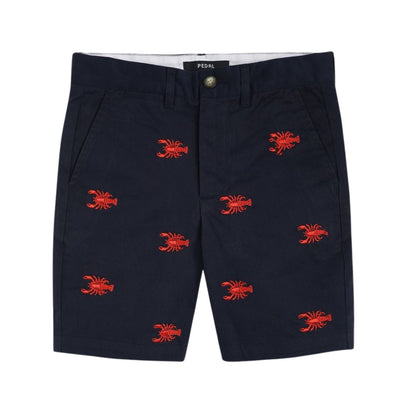 navy shorts with red lobster patterns on a white background