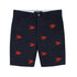 navy shorts with red lobster patterns on a white background