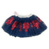 Navy blue tutu skirt with red sequin designs on a white background