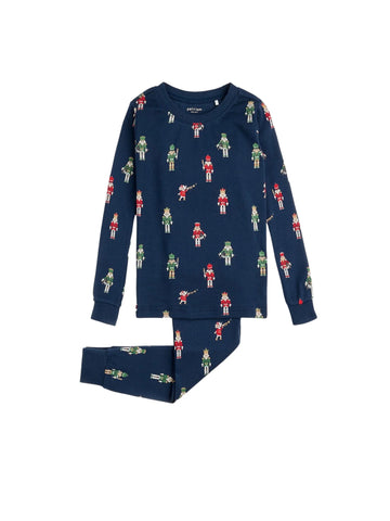 long sleeve navy pajamas with red and green nutcrackers all over