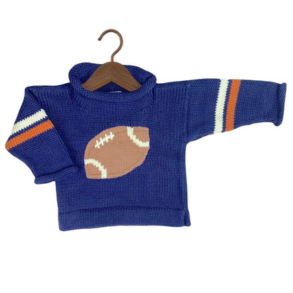 Pull col roulé football bleu marine et orange 