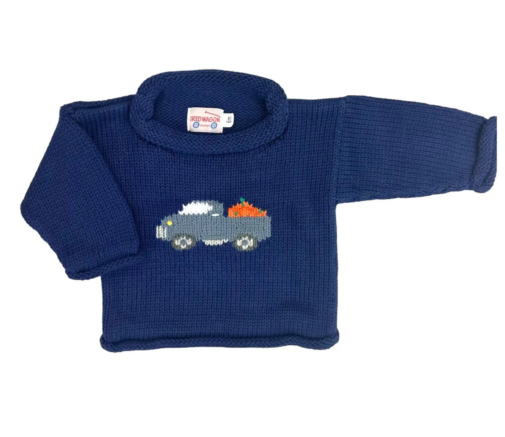 long sleeve navy sweater with pickup truck that has pumpkins in the back