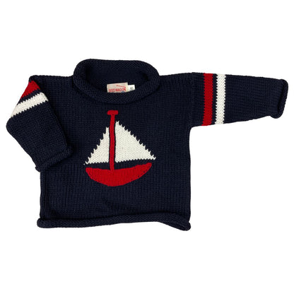 navy long sleeve sweater with red and white sailboat, 2 red and white stripes on each sleeve
