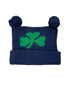 navy hat with two poms and green shamrock
