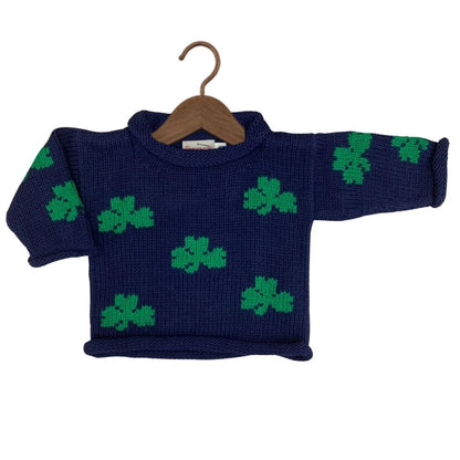 navy sweater with kelly green shamrocks all over