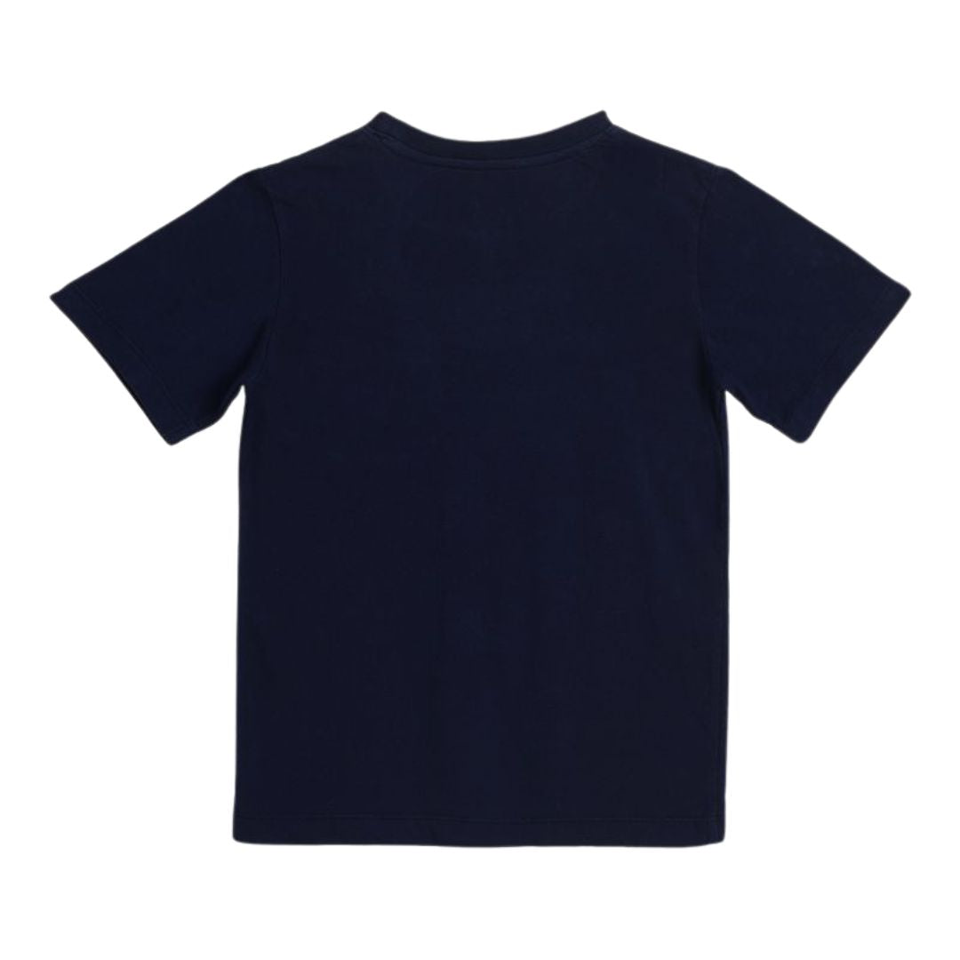 Navy blue t-shirt on a light gray background