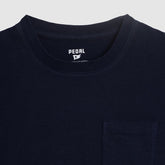 Close-up of a navy blue t-shirt with &