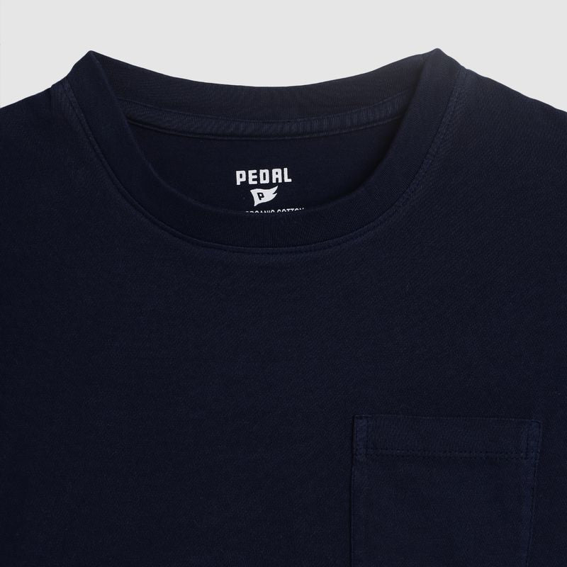Close-up of a navy blue t-shirt with &