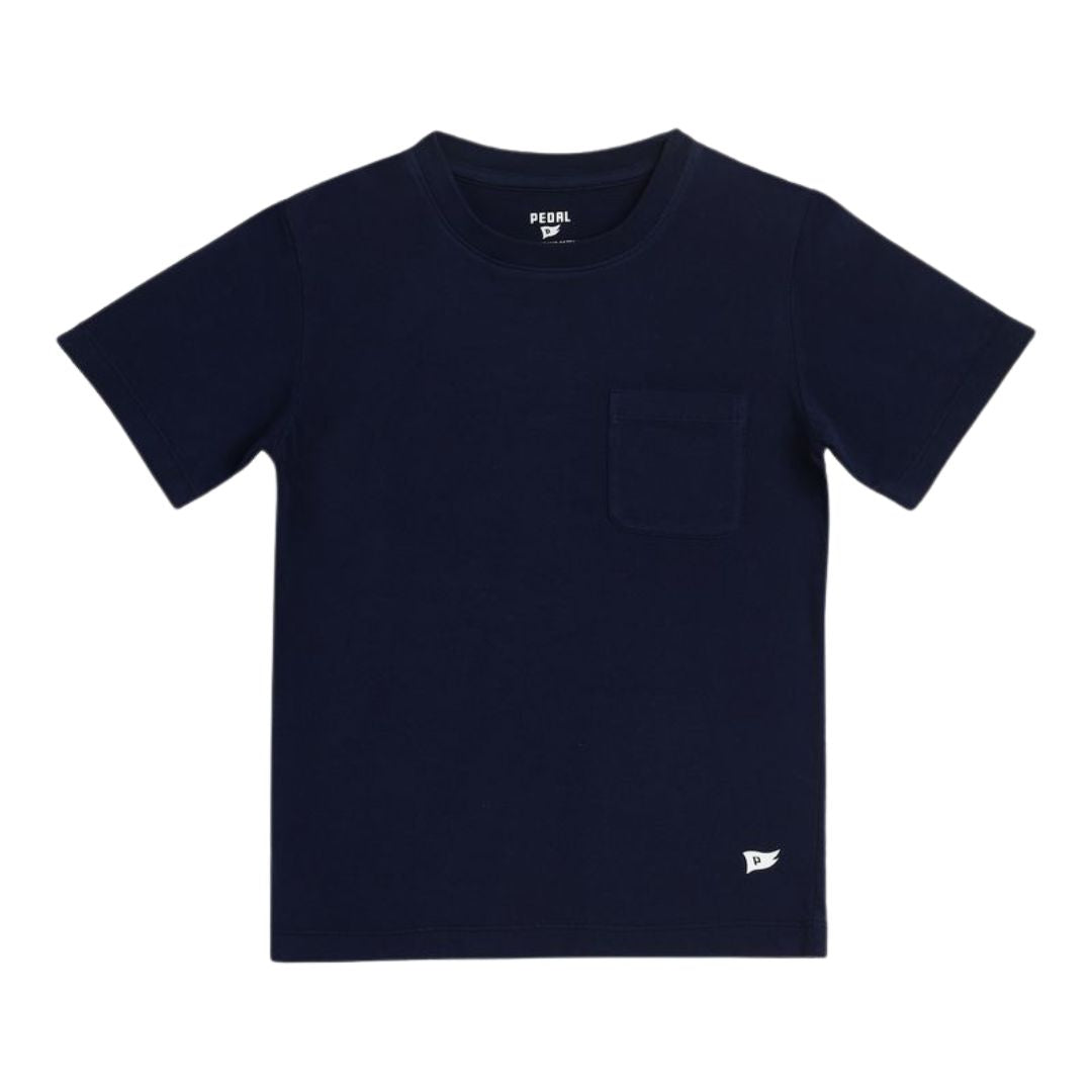 Navy blue t-shirt with a pocket on a white background
