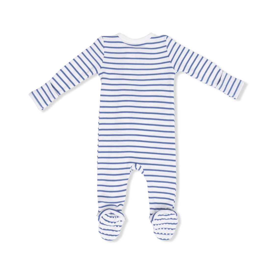 Blue and white striped baby onesie on a white background