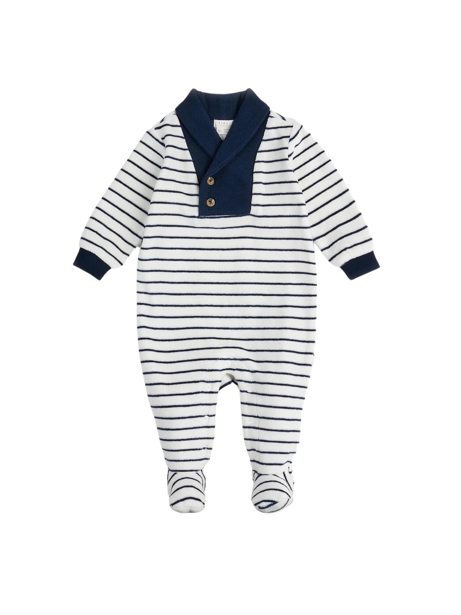white velour footie with navy stripes and navy collar