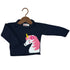 A navy blue ribbed knit baby sweater with a knitted unicorn design on the front, featuring a pink and white body with a yellow horn, displayed on a wooden hanger against a white background.