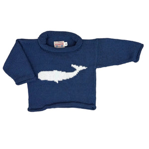 slate blue sweater with white sperm whale