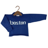 A royal blue knit baby sweater with &