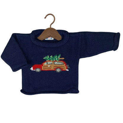 Navy Woody Wagon Christmas Roll Neck Sweater