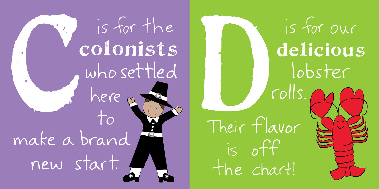 Two colorful panels with letters C and D, featuring text and illustrations on a purple and green background.