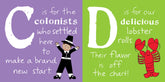 Two colorful panels with letters C and D, featuring text and illustrations on a purple and green background.