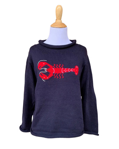 long sleeve navy sweater with horizontal red lobster on front