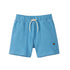 blue shorts with elastic waist and white drawstring
