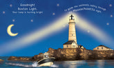 Lighthouse with a boat and moon in the background, with text about Goodnight Boston Light.