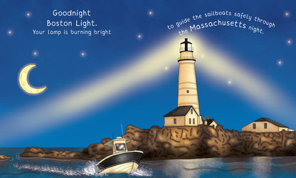Lighthouse with a boat and moon in the background, with text about Goodnight Boston Light.