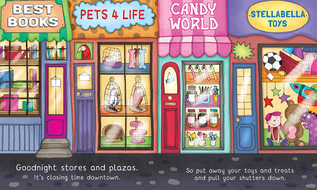 Illustrated storefronts with colorful signs and windows, featuring &