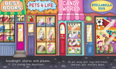 Illustrated storefronts with colorful signs and windows, featuring &