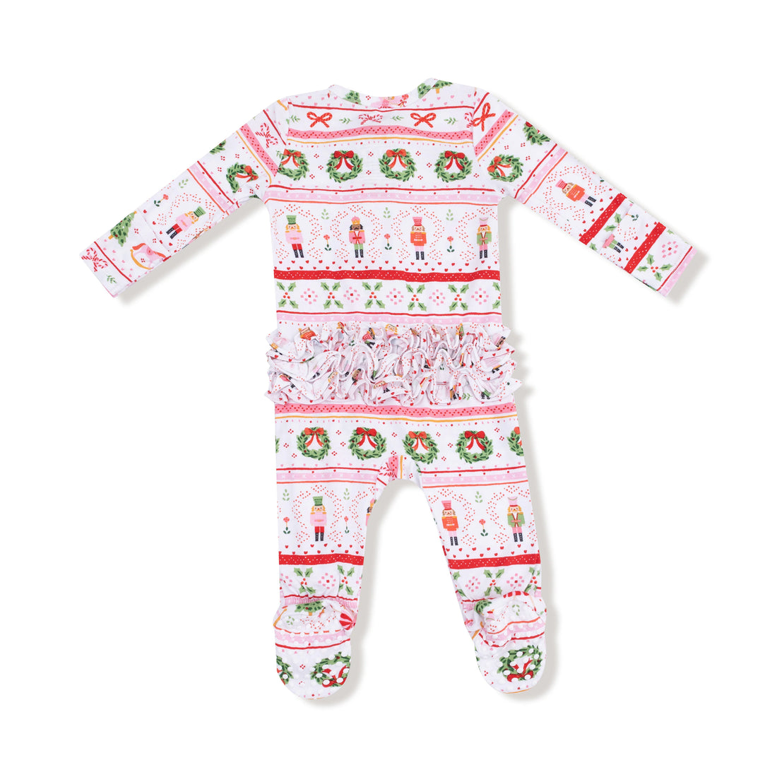Christmas-themed baby onesie with festive patterns on a white background