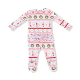 Christmas-themed baby onesie with festive patterns on a white background