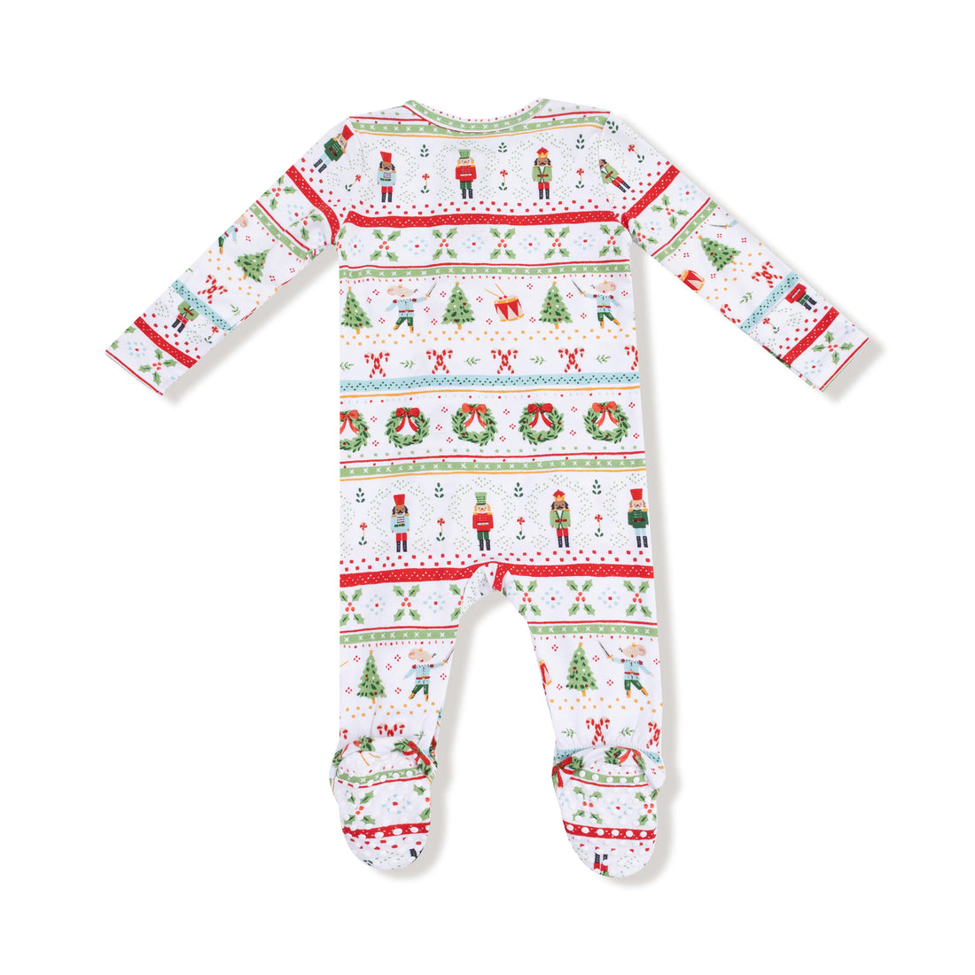 Christmas-themed baby onesie with patterns on a white background