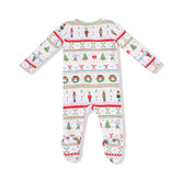 Christmas-themed baby onesie with patterns on a white background