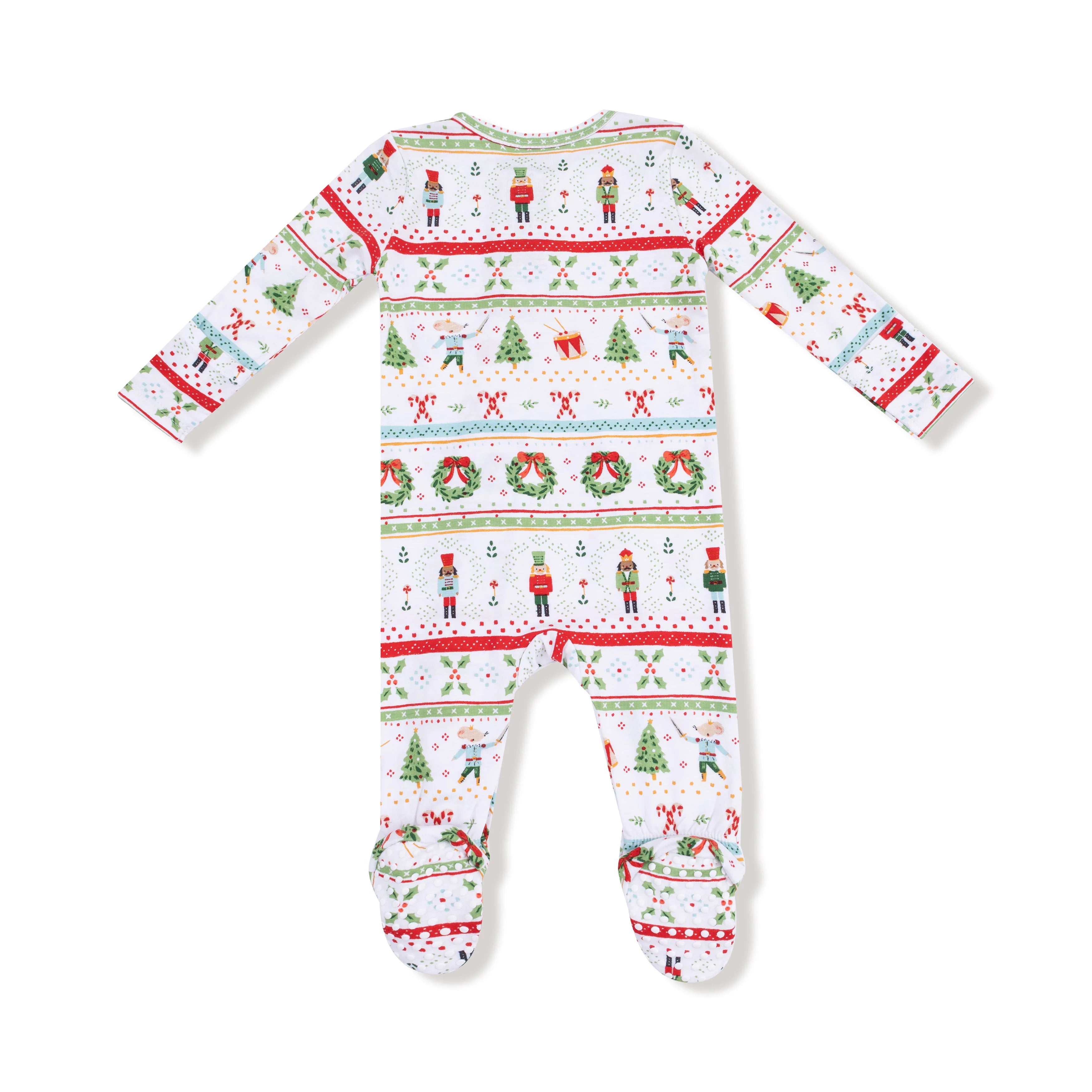 Christmas-themed baby onesie with patterns on a white background
