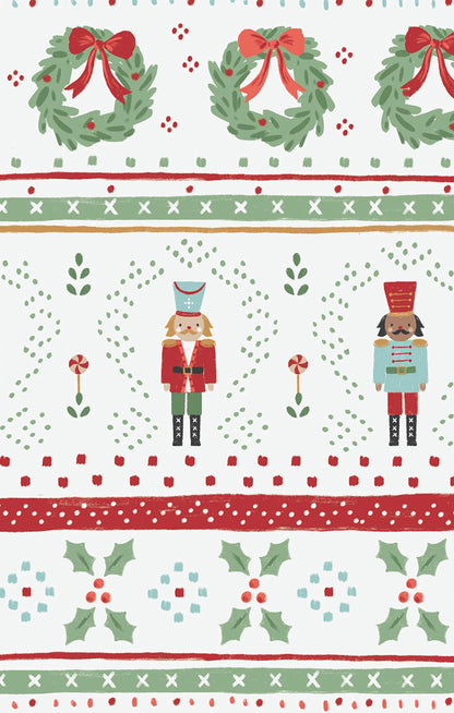 Christmas-themed pattern with wreaths, nutcrackers, and holly leaves on a white background.