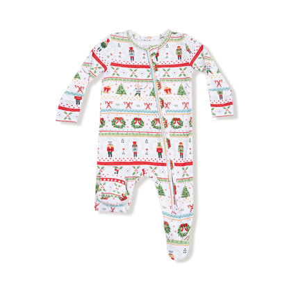 Christmas-themed baby onesie with patterns on a white background