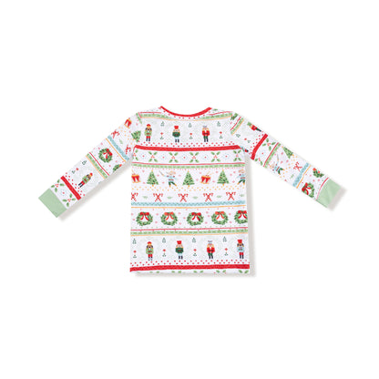 Christmas-themed long-sleeve shirt with patterns on a white background