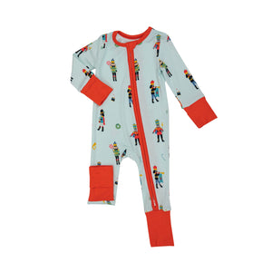 blue romper with nutcrackers and red cuffs