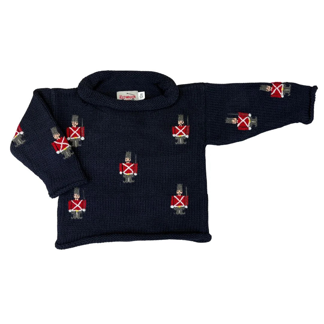 Navy sweater with embroidered patterns on a white background