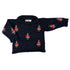 Navy sweater with embroidered patterns on a white background